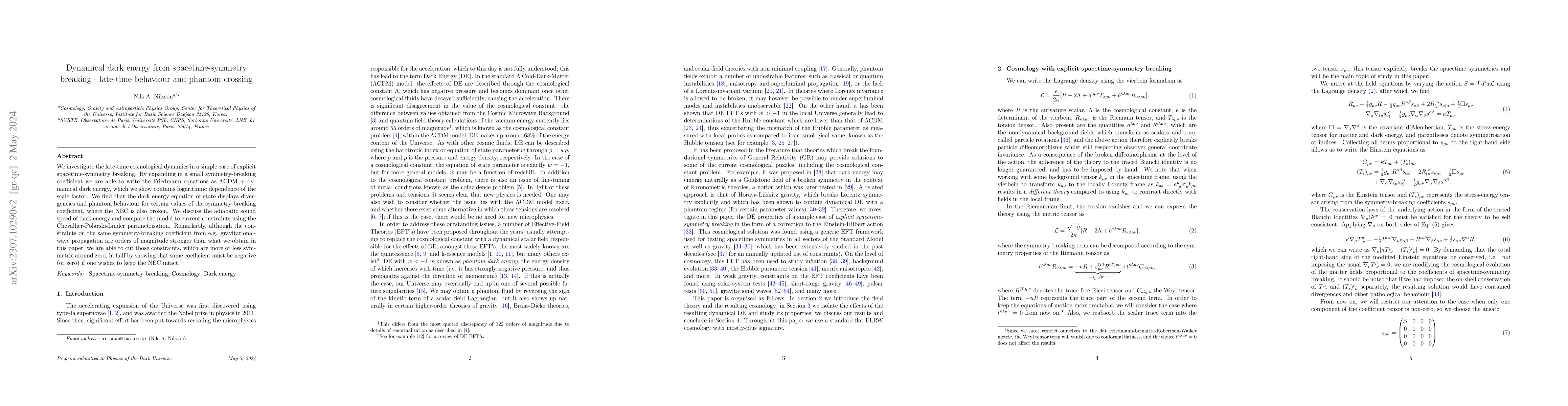 Thumbnail for Dynamical dark energy from spacetime-symmetry breaking -- late-time
  behaviour and phantom crossing