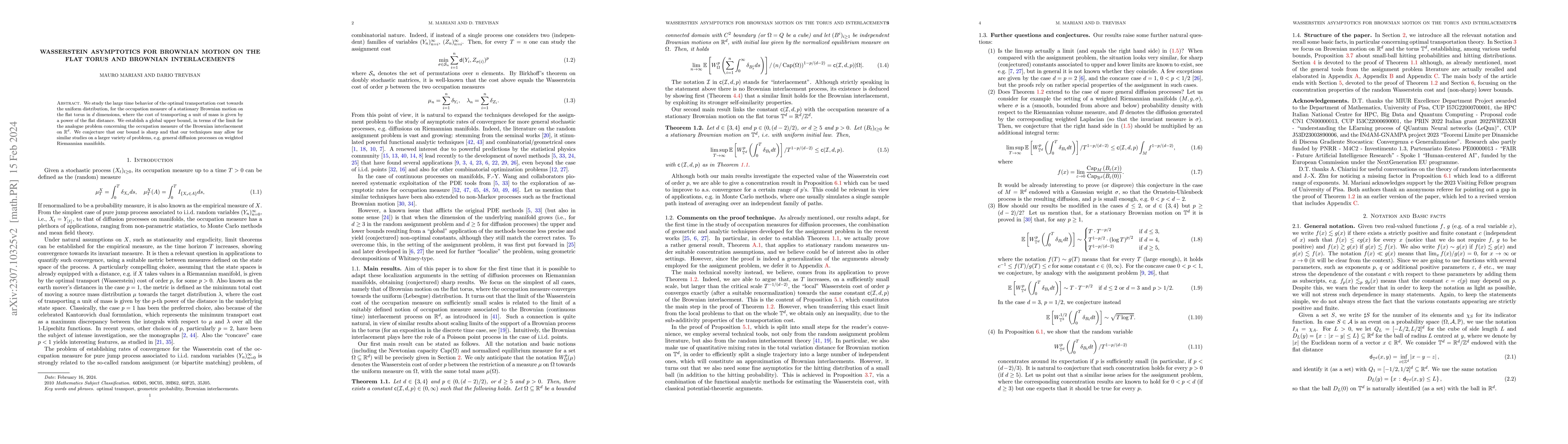 Thumbnail for Wasserstein Asymptotics for Brownian Motion on the Flat Torus and
  Brownian Interlacements