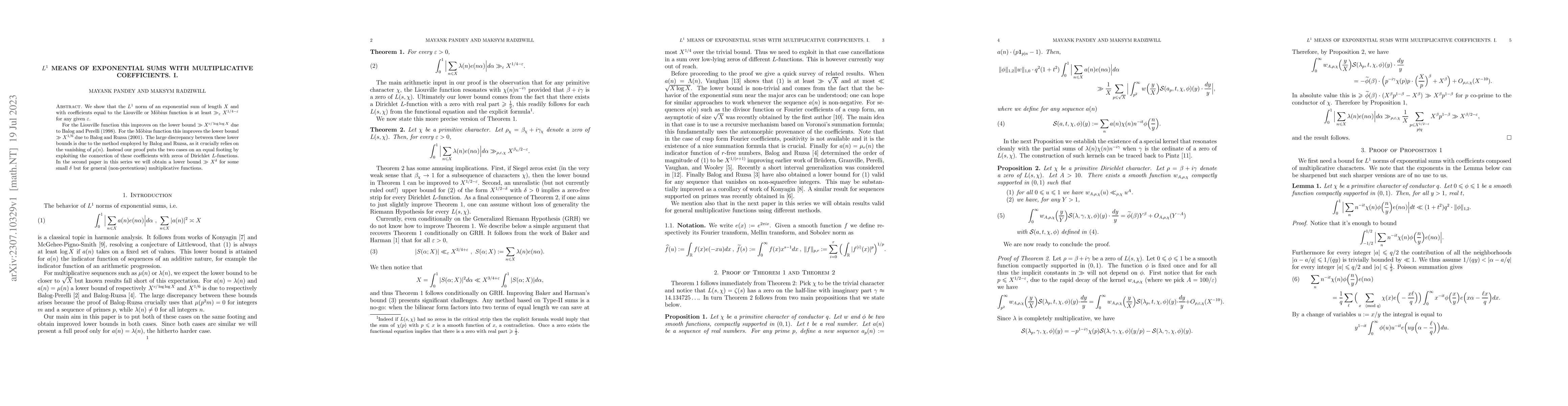 Thumbnail for $L^1$ means of exponential sums with multiplicative coefficients. I