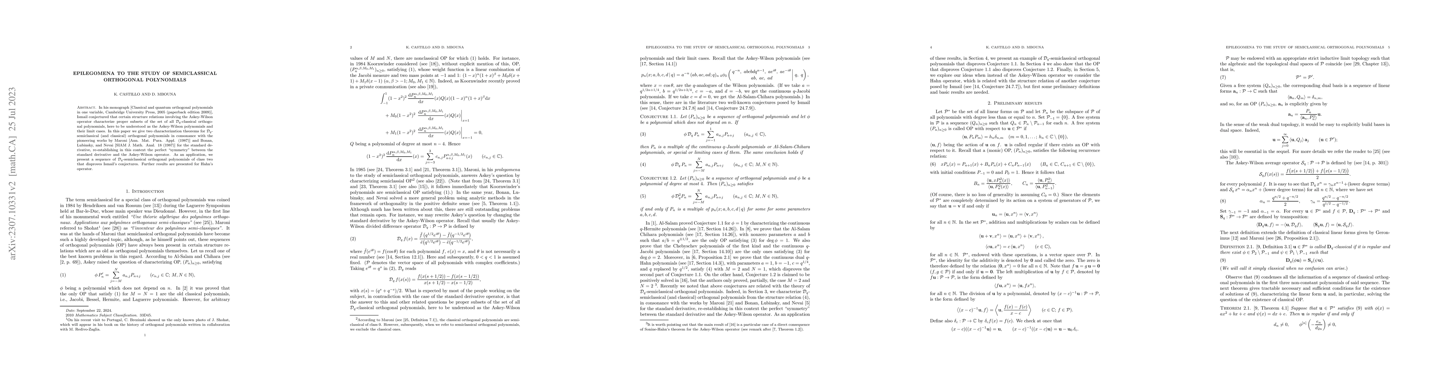 Thumbnail for Epilegomena to the study of semiclassical orthogonal polynomials