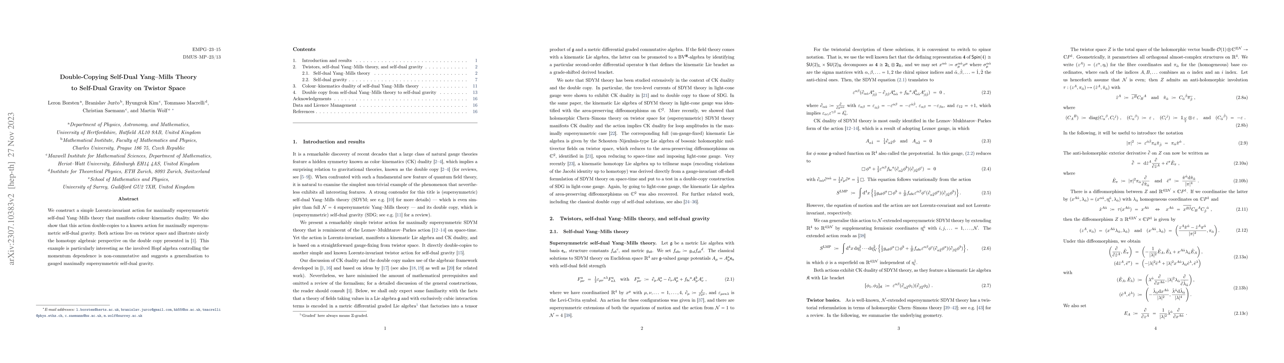 Thumbnail for Double-Copying Self-Dual Yang-Mills Theory to Self-Dual Gravity on
  Twistor Space