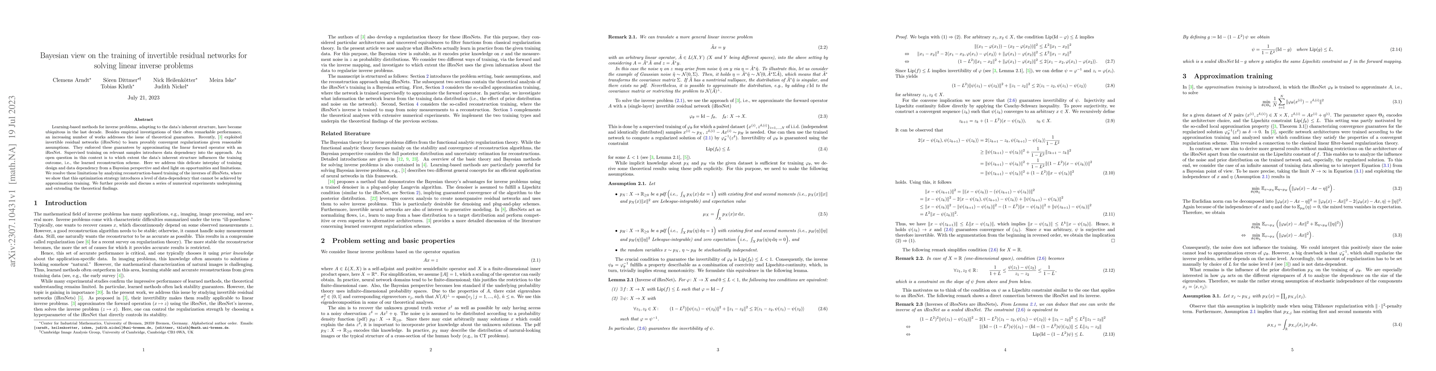 Thumbnail for Bayesian view on the training of invertible residual networks for
  solving linear inverse problems