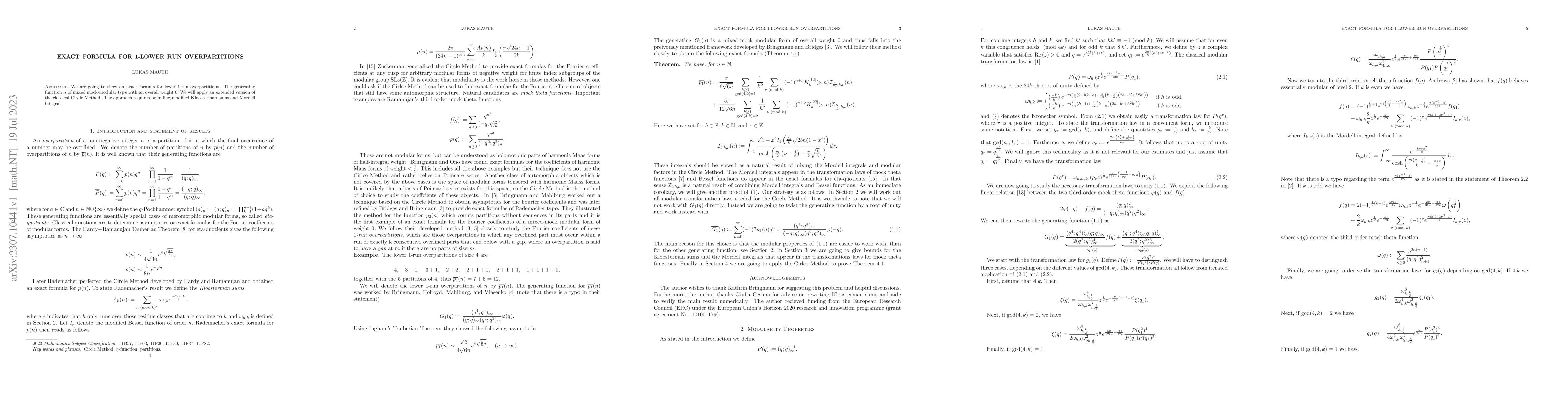 Thumbnail for Exact formula for 1-lower run overpartitions