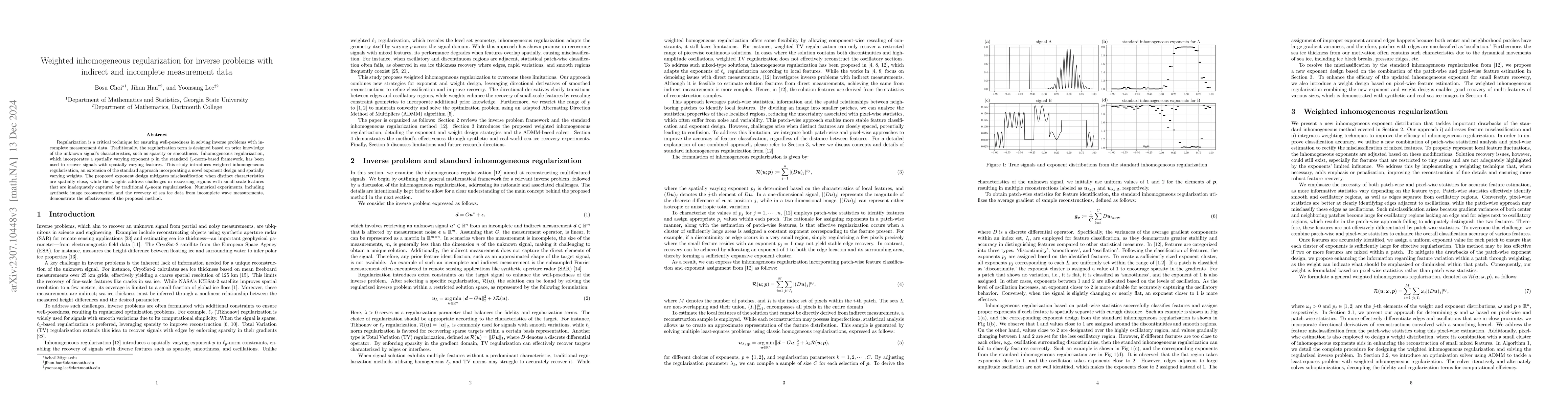 Thumbnail for Weighted inhomogeneous regularization for inverse problems with indirect
  and incomplete measurement data