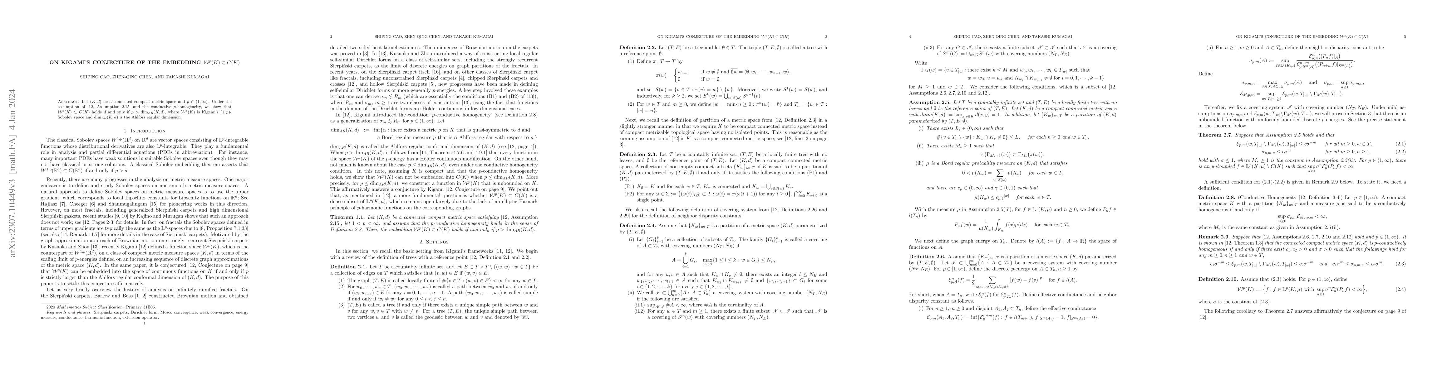 Thumbnail for On Kigami's conjecture of the embedding $\mathcal{W}^p(K)\subset C(K)$