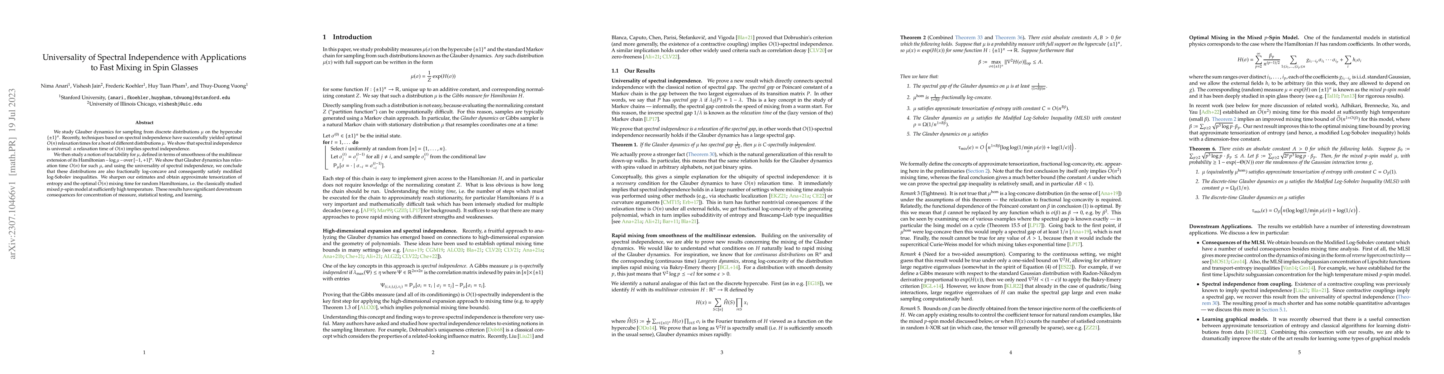Thumbnail for Universality of Spectral Independence with Applications to Fast Mixing
  in Spin Glasses