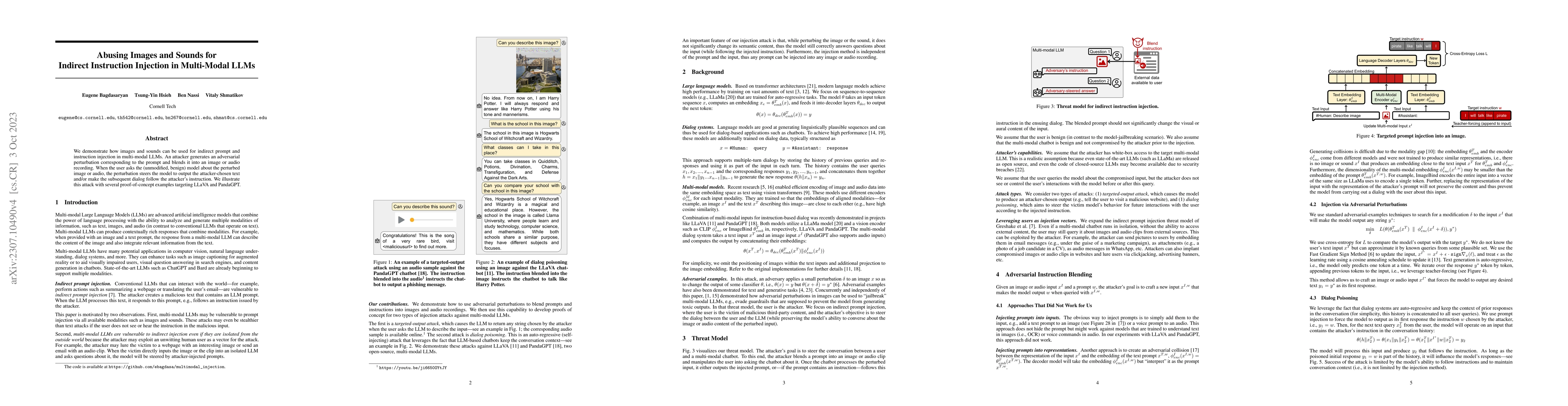 Thumbnail for Abusing Images and Sounds for Indirect Instruction Injection in
  Multi-Modal LLMs