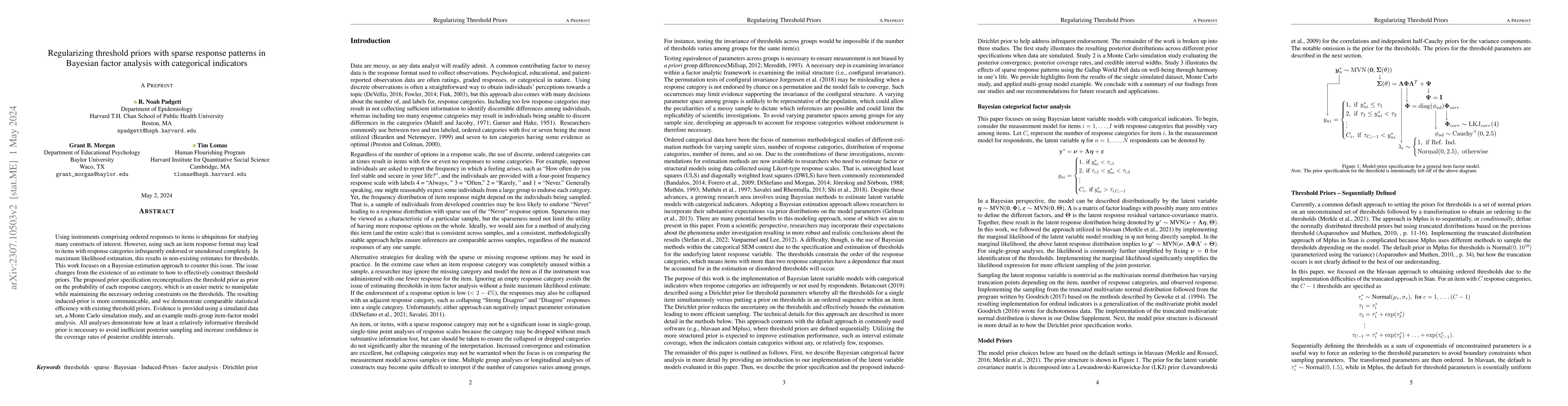 Thumbnail for Regularizing threshold priors with sparse response patterns in Bayesian
  factor analysis with categorical indicators