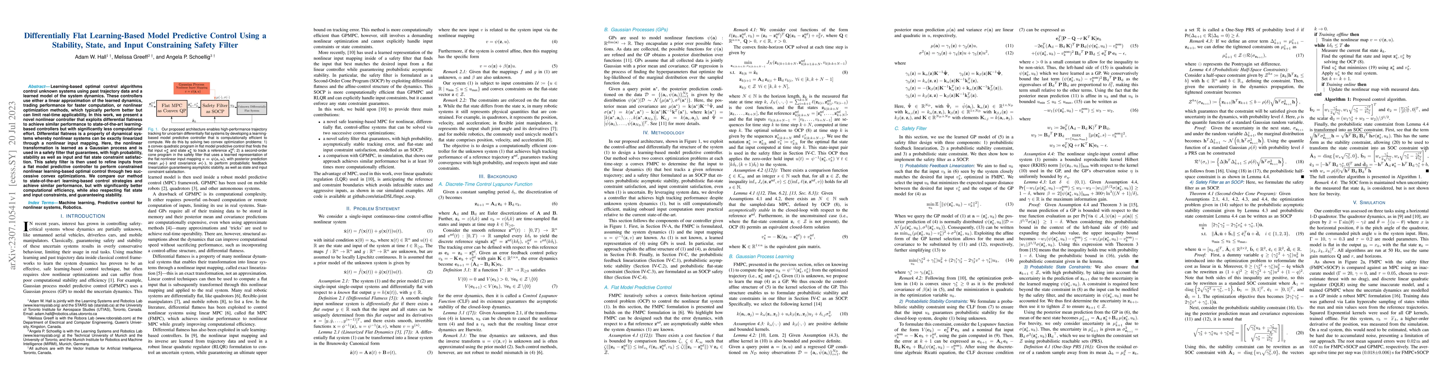 Thumbnail for Differentially Flat Learning-based Model Predictive Control Using a
  Stability, State, and Input Constraining Safety Filter