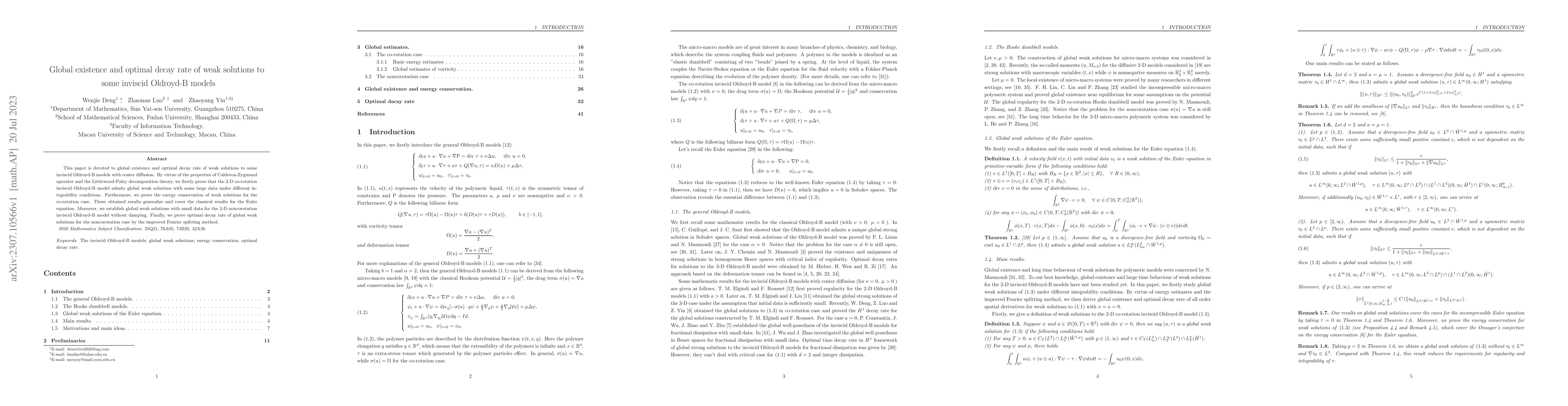 Thumbnail for Global existence and optimal decay rate of weak solutions to some
  inviscid Oldroyd-B models