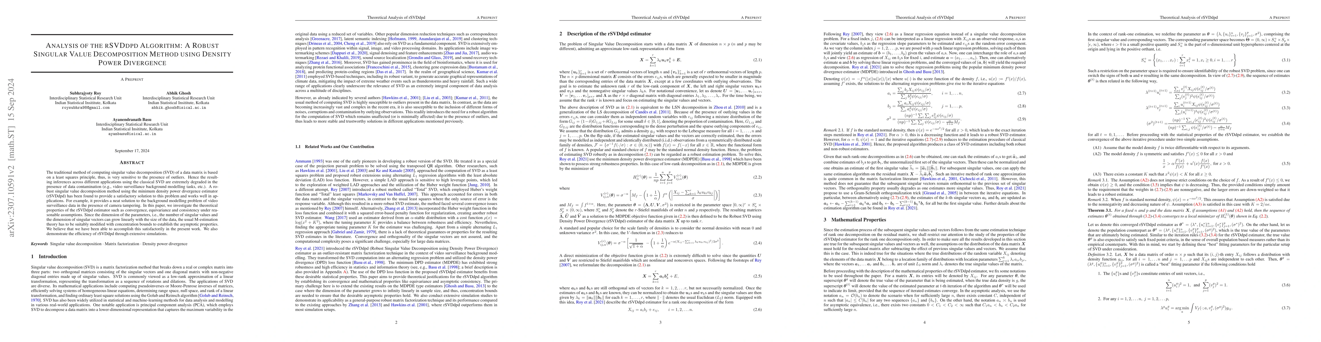 Thumbnail for Analysis of the rSVDdpd Algorithm: A Robust Singular Value Decomposition
  Method using Density Power Divergence