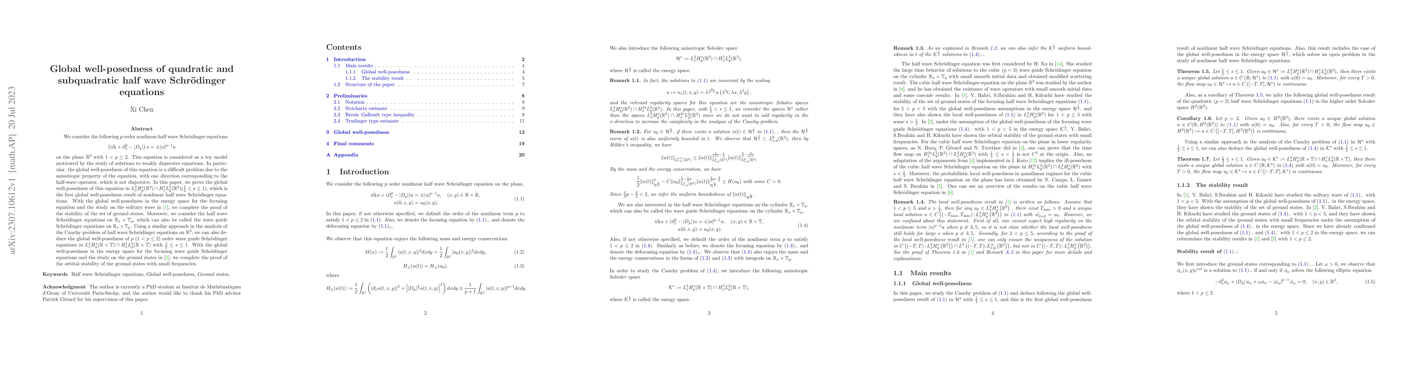 Thumbnail for Global well-posedness of quadratic and subquadratic half wave
  Schr{\"o}dinger equations