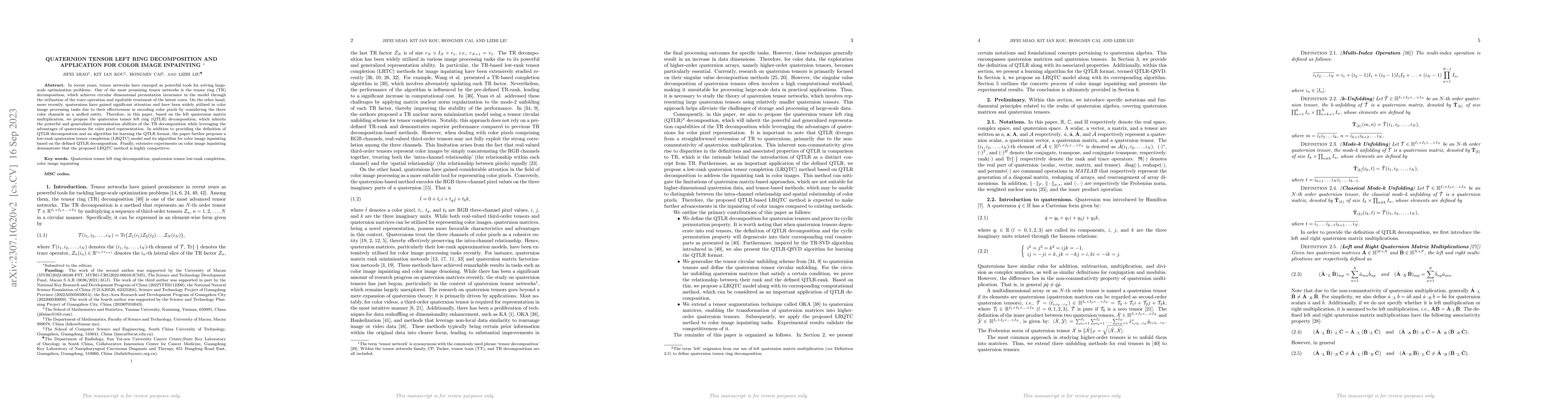 Thumbnail for Quaternion tensor left ring decomposition and application for color
  image inpainting