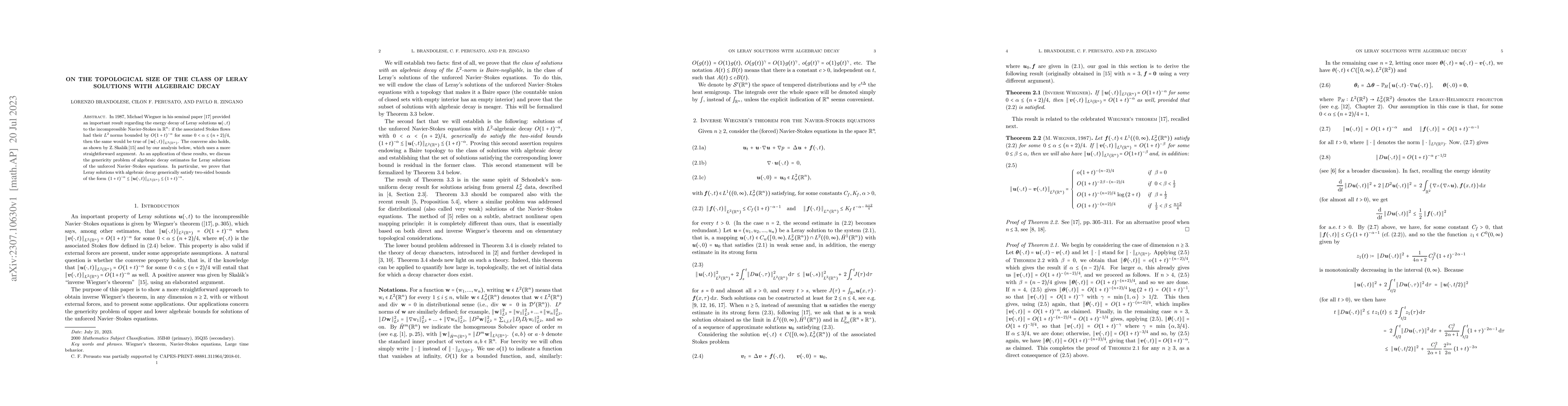 Thumbnail for On the topological size of the class of Leray solutions with algebraic
  decay
