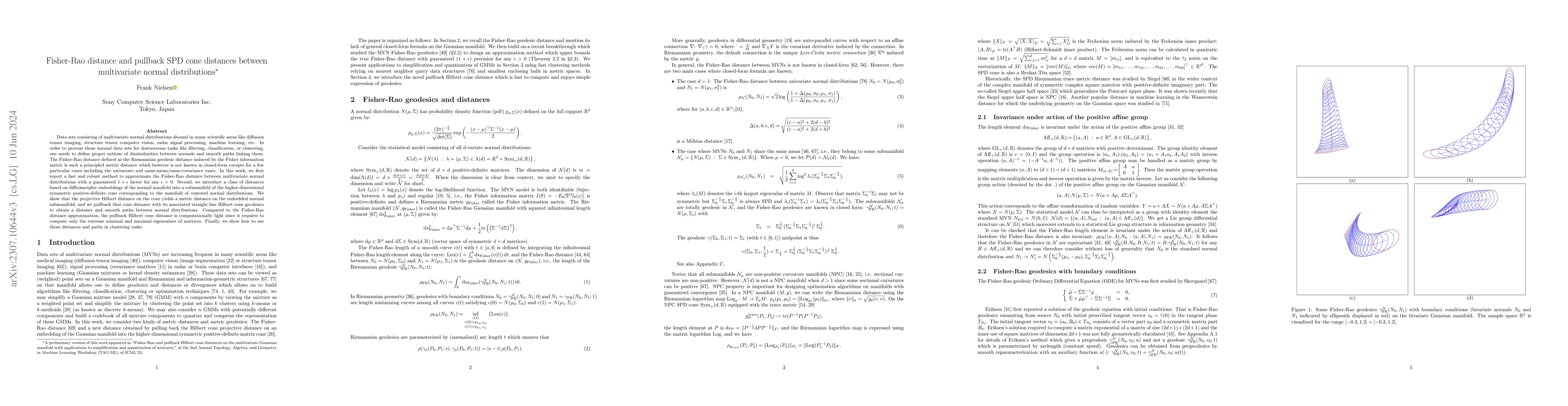 Thumbnail for Fisher-Rao distance and pullback SPD cone distances between multivariate
  normal distributions