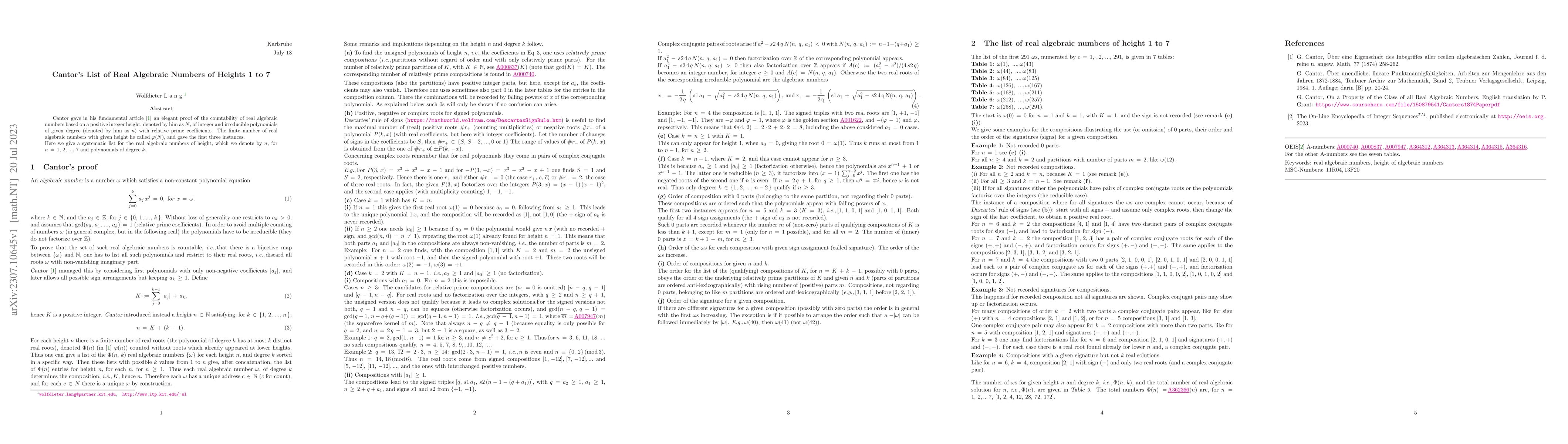 Thumbnail for Cantor's List of Real Algebraic Numbers of Heights 1 to 7