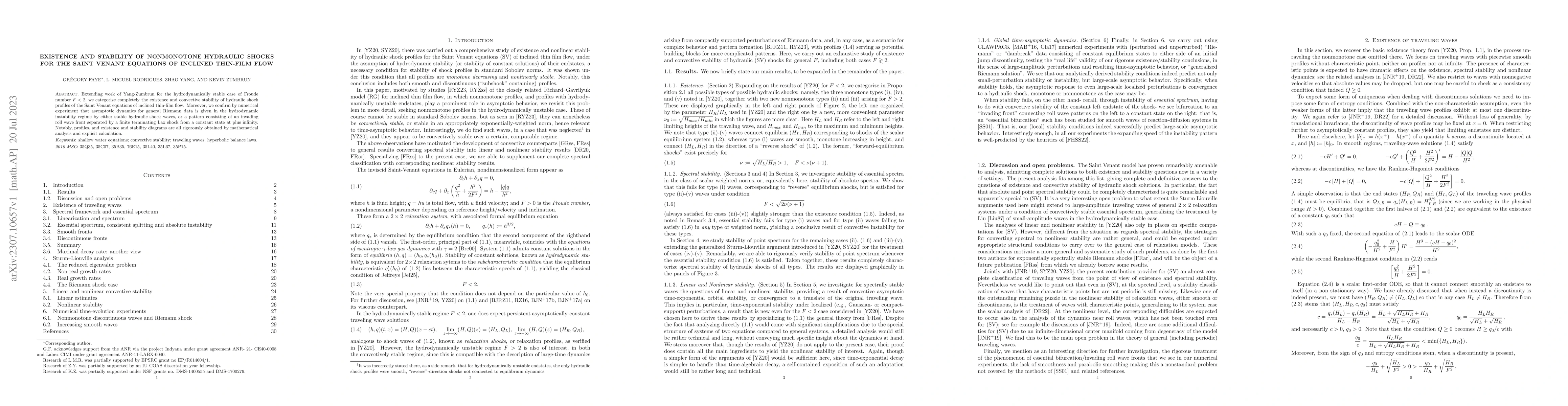 Thumbnail for Existence and stability of nonmonotone hydraulic shocks for the Saint
  Venant equations of inclined thin-film flow
