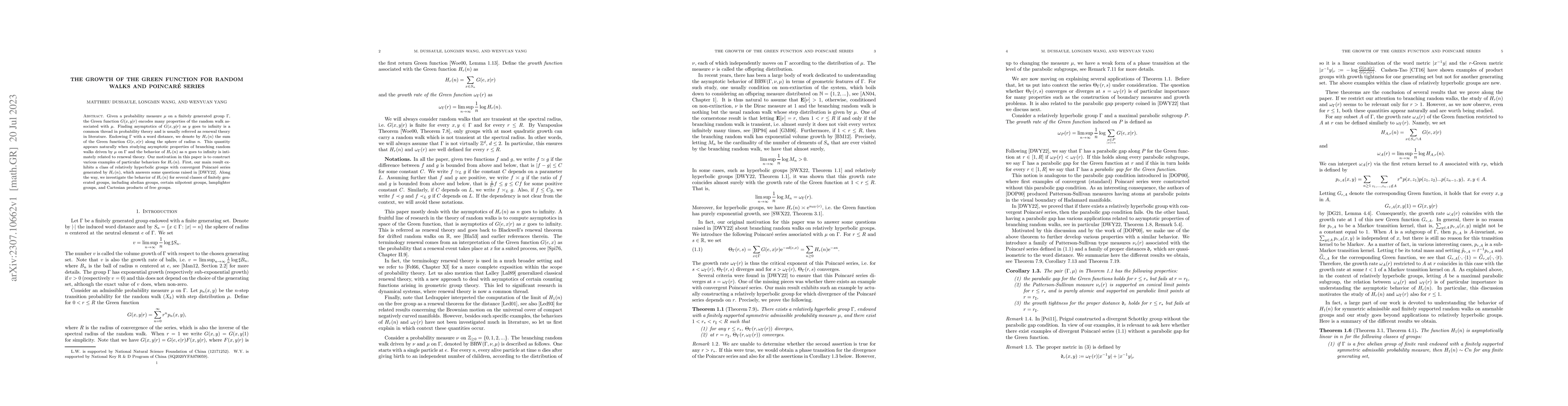 Thumbnail for The growth of the Green function for random walks and Poincar{\'e}
  series