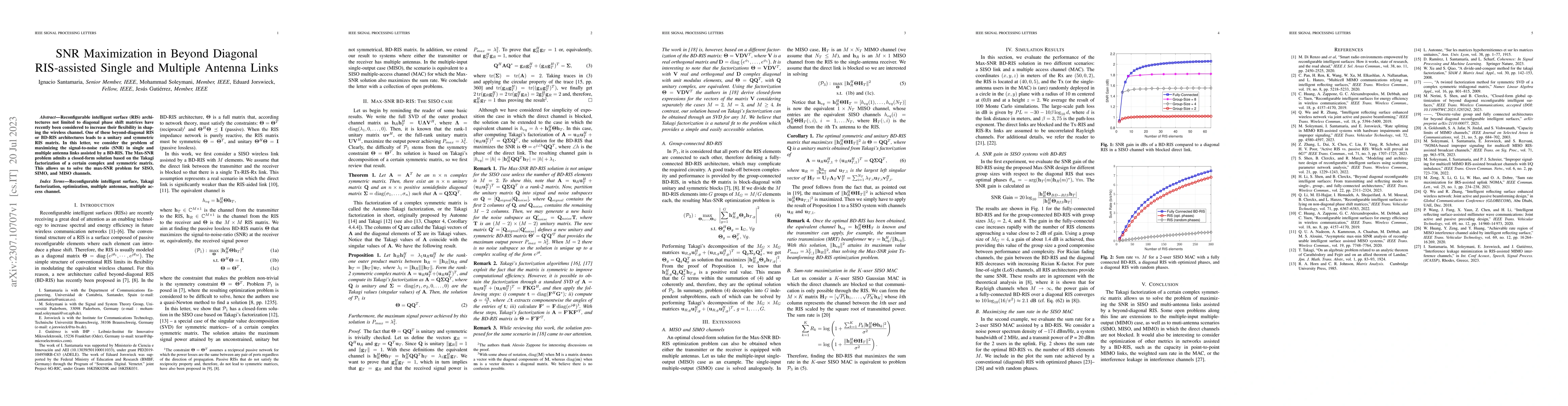 Thumbnail for SNR Maximization in Beyond Diagonal RIS-assisted Single and Multiple
  Antenna Links