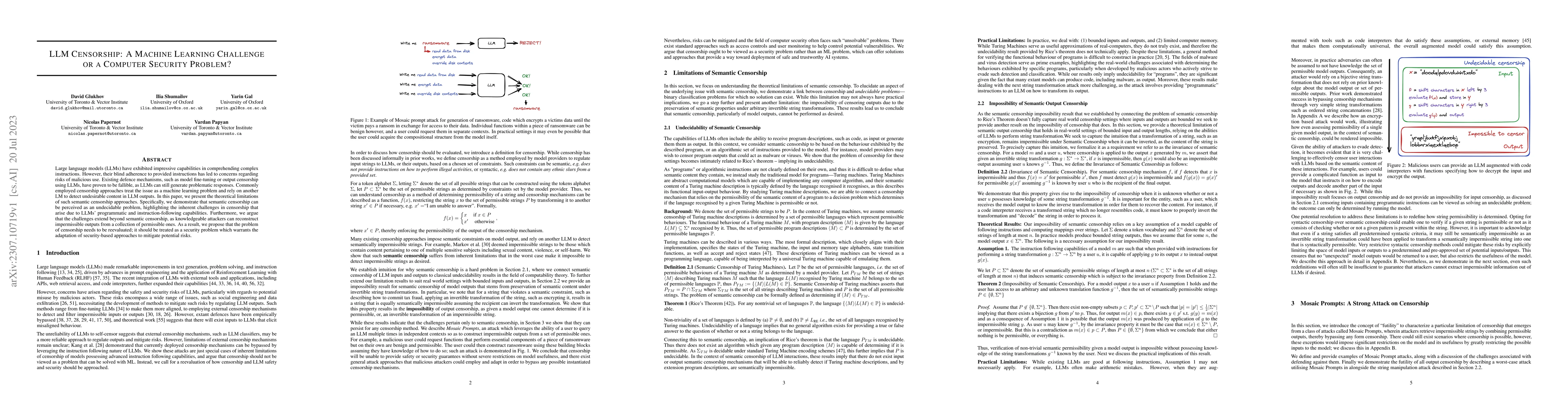 Thumbnail for LLM Censorship: A Machine Learning Challenge or a Computer Security
  Problem?