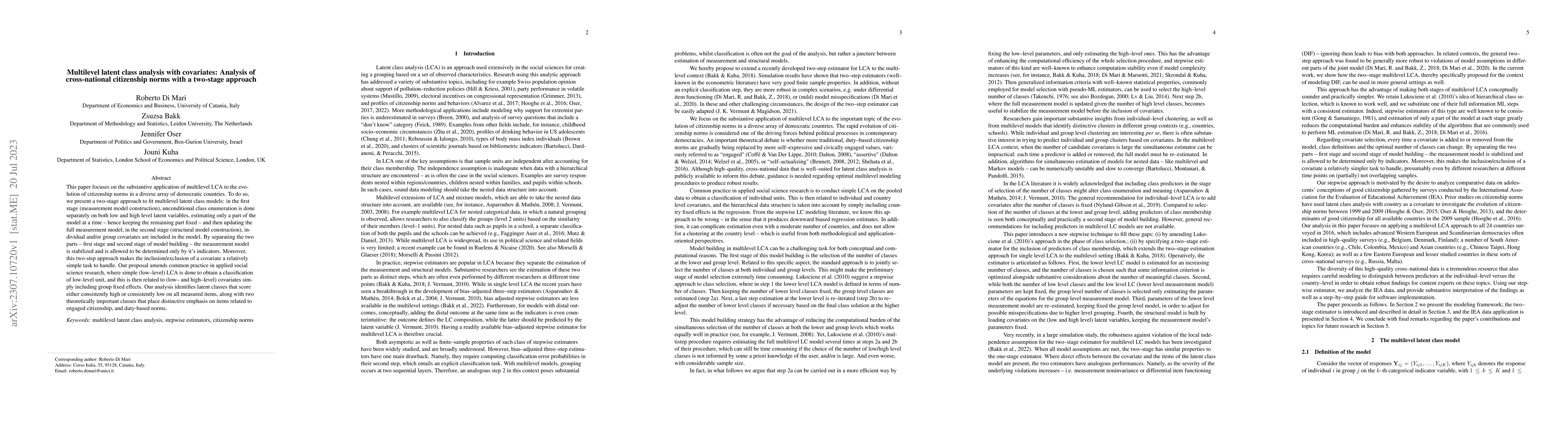 Thumbnail for Multilevel latent class analysis with covariates: Analysis of
  cross-national citizenship norms with a two-stage approach