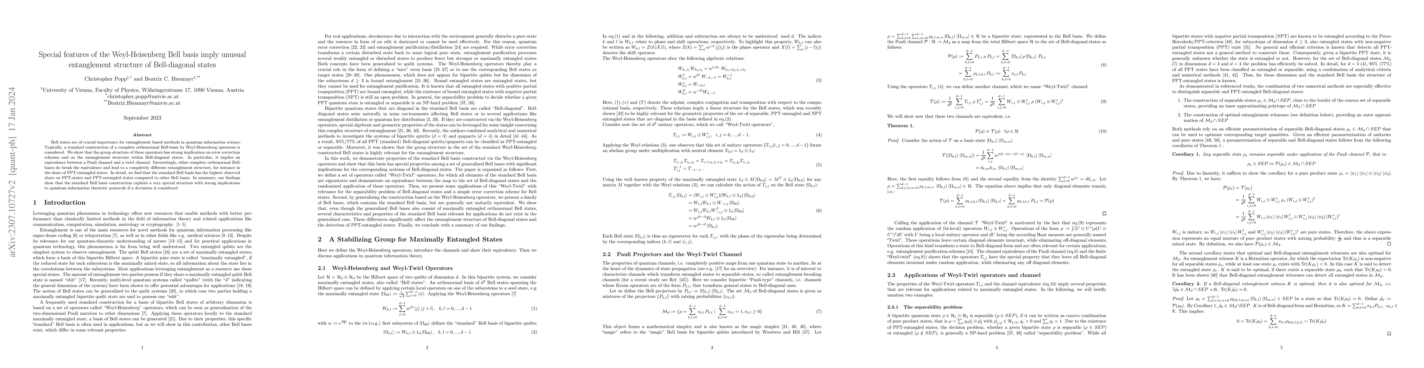 Thumbnail for Special features of the Weyl-Heisenberg Bell basis imply unusual
  entanglement structure of Bell-diagonal states