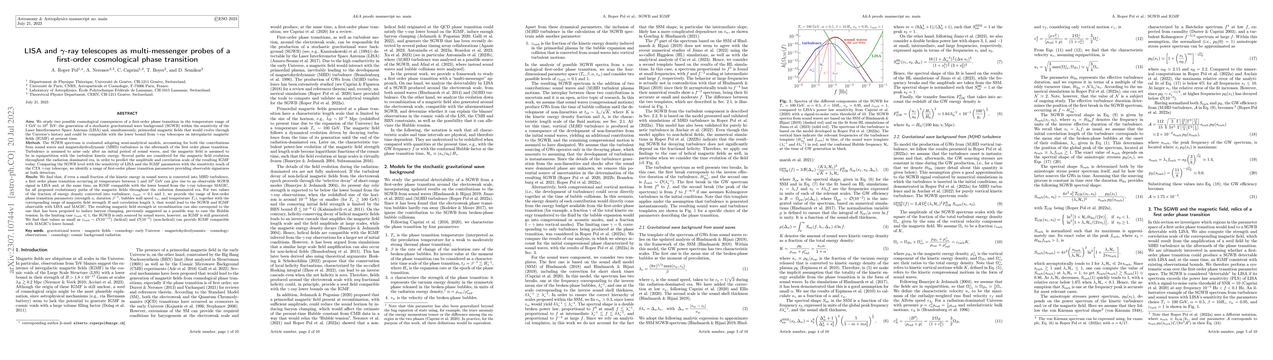 Thumbnail for LISA and $\gamma$-ray telescopes as multi-messenger probes of a
  first-order cosmological phase transition