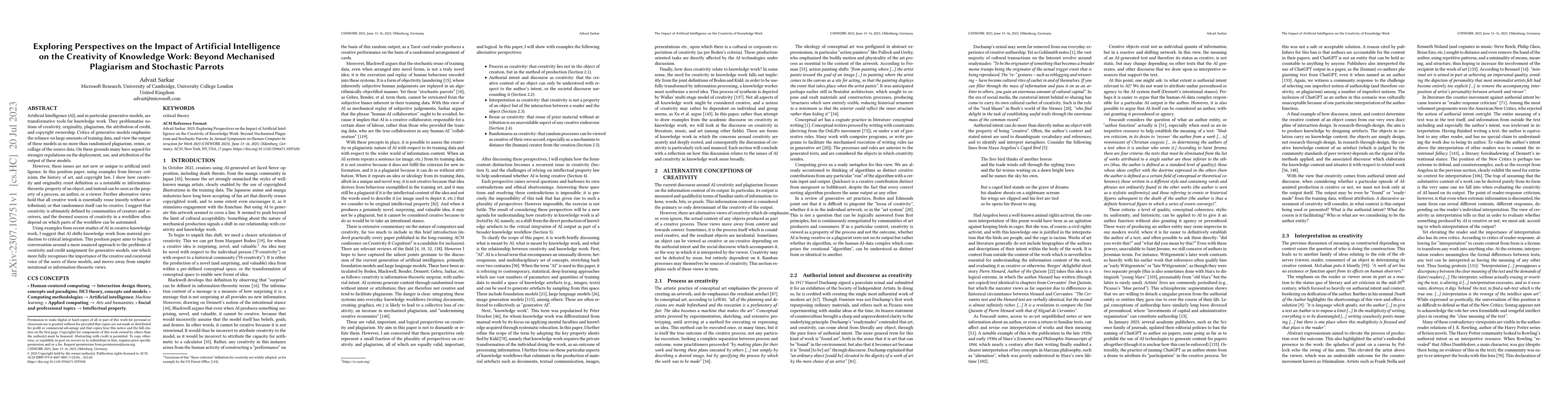 Thumbnail for Exploring Perspectives on the Impact of Artificial Intelligence on the
  Creativity of Knowledge Work: Beyond Mechanised Plagiarism and Stochastic
  Parrots