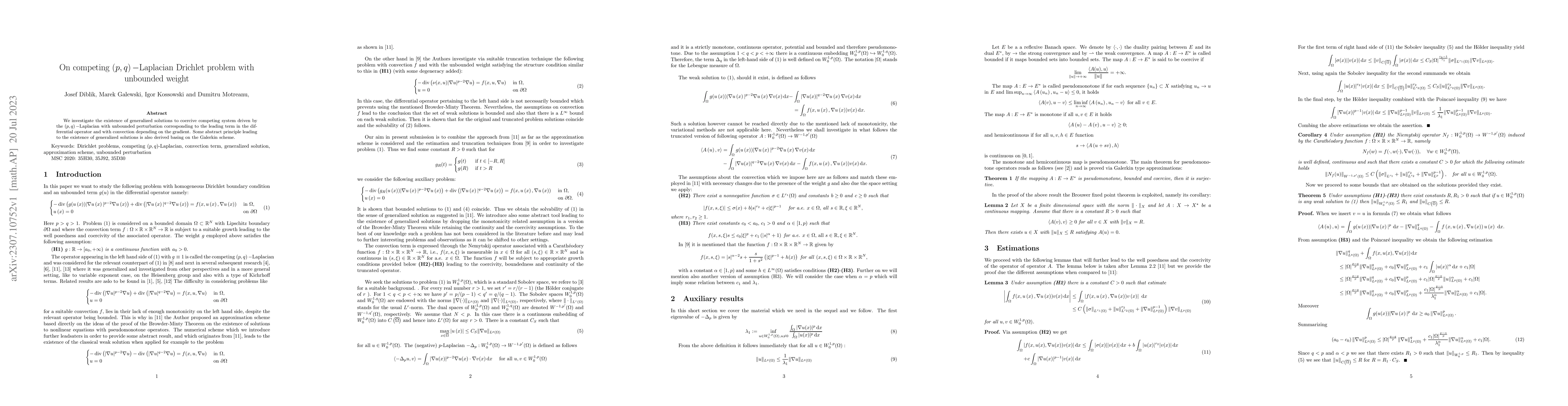 Thumbnail for On competing (p,q) -Laplacian Drichlet problem with unbounded weight