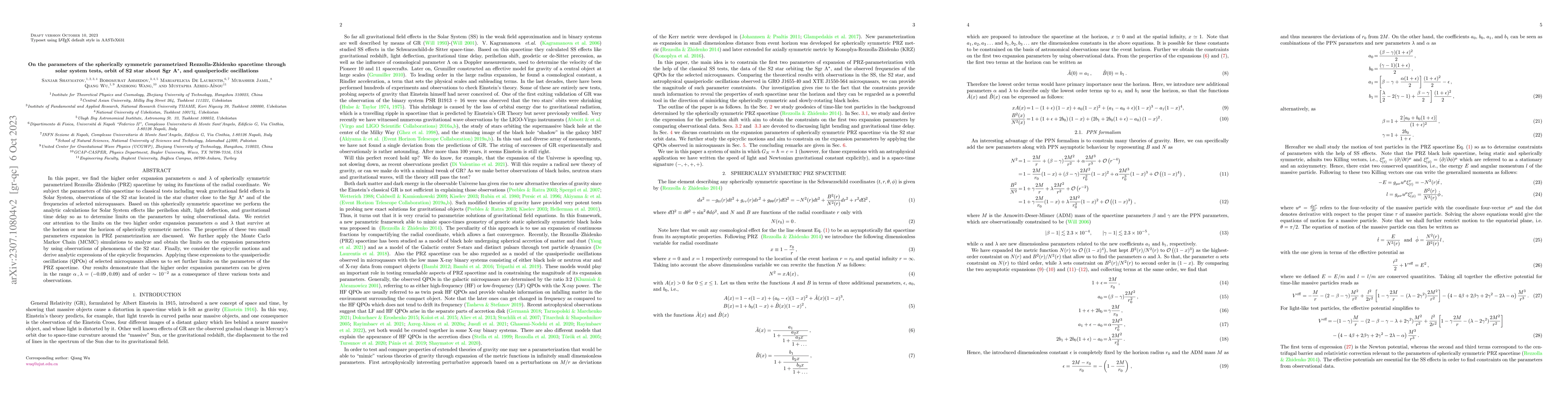 Thumbnail for On the parameters of the spherically symmetric parametrized
  Rezzolla-Zhidenko spacetime through solar system tests, orbit of S2 star
  about Sgr A$^\star$, and quasiperiodic oscillations