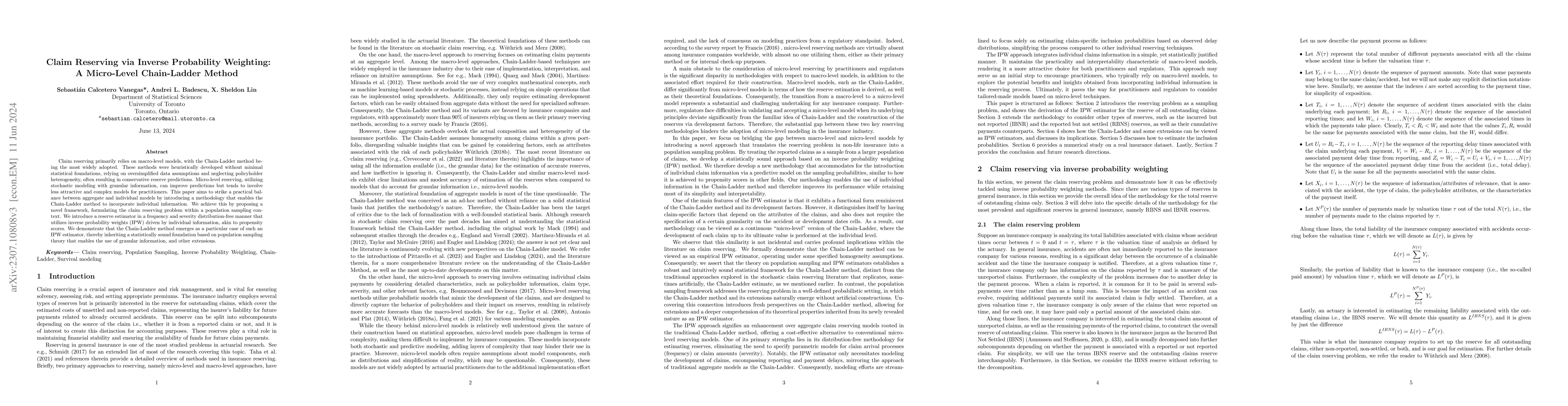 Thumbnail for Claim Reserving via Inverse Probability Weighting: A Micro-Level
  Chain-Ladder Method