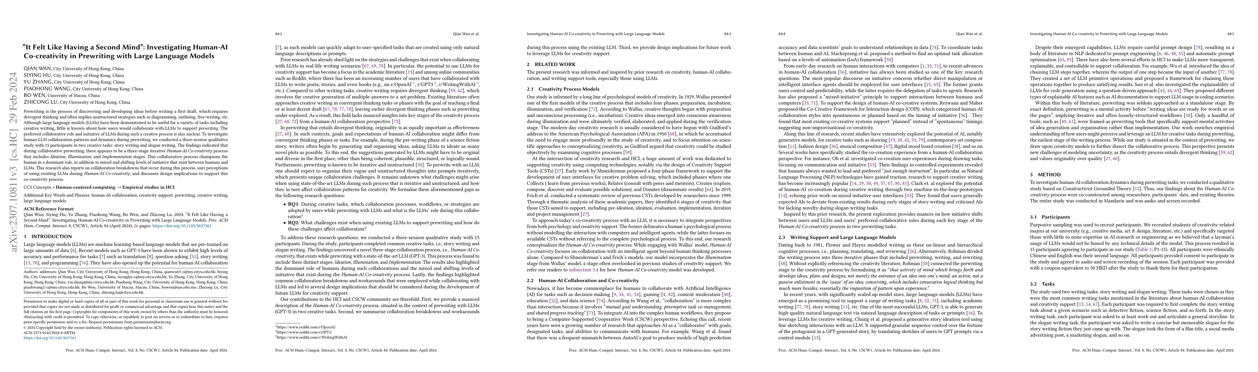 Thumbnail for "It Felt Like Having a Second Mind": Investigating Human-AI
  Co-creativity in Prewriting with Large Language Models