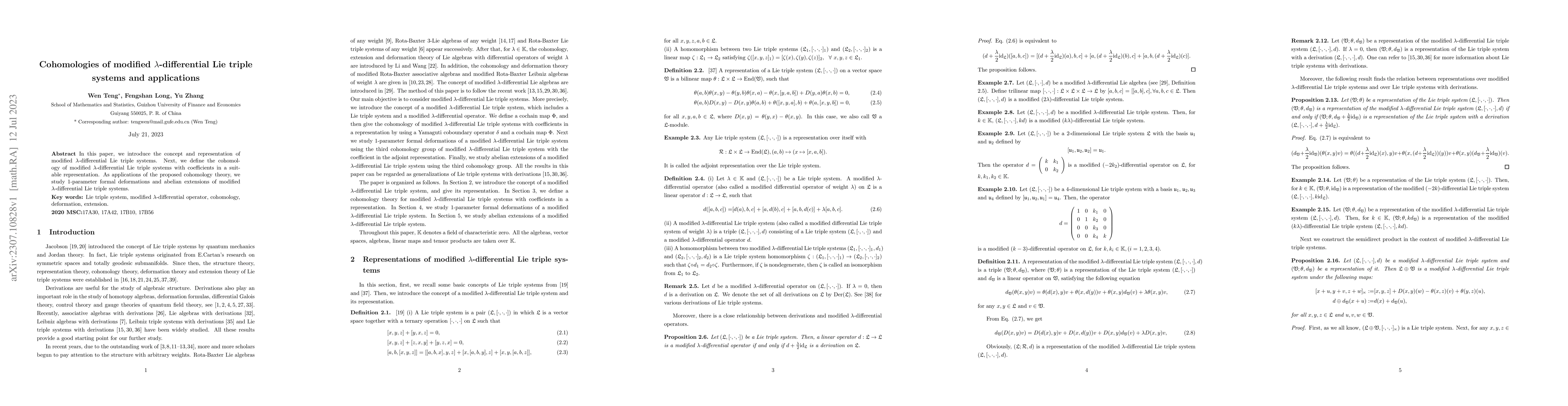 Thumbnail for Cohomologies of modified $\lambda$-differential Lie triple systems and
  applications