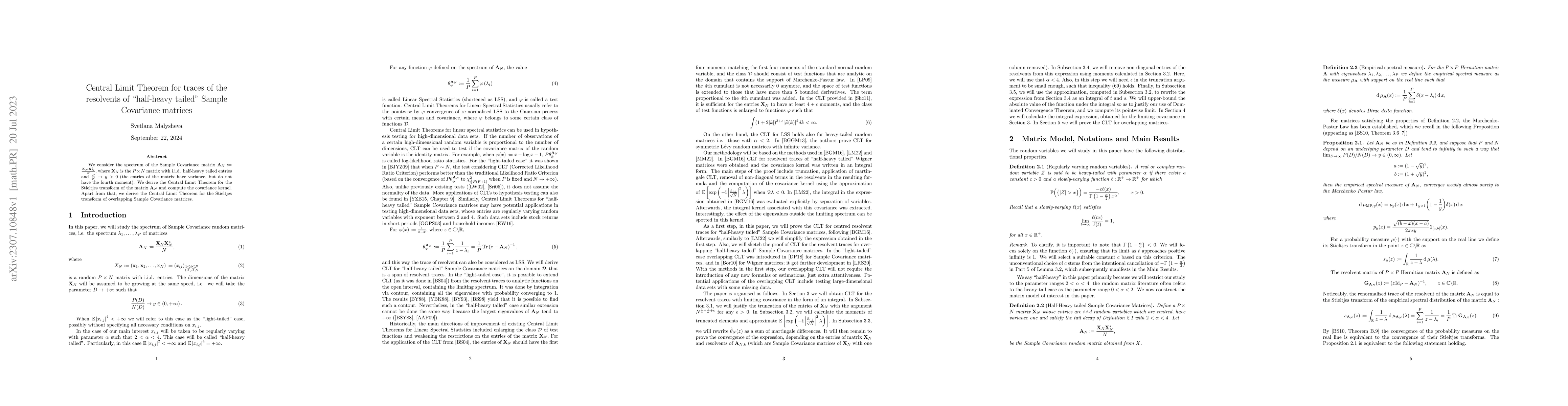 Thumbnail for Central Limit Theorem for traces of the resolvents of half-heavy tailed
  Sample Covariance matrices