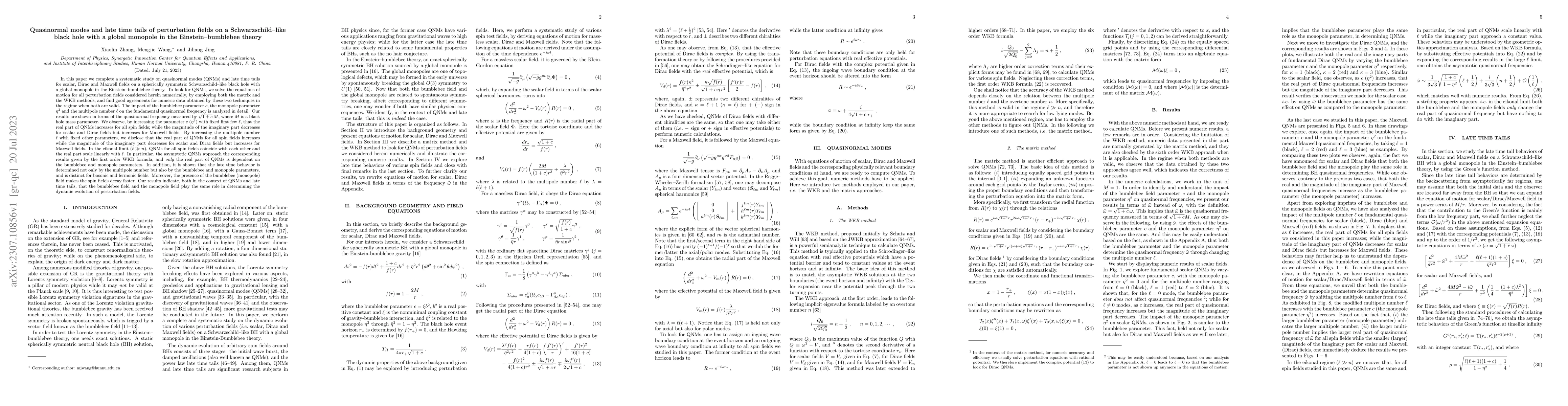 Thumbnail for Quasinormal modes and late time tails of perturbation fields on a
  Schwarzschild-like black hole with a global monopole in the
  Einstein-bumblebee theory