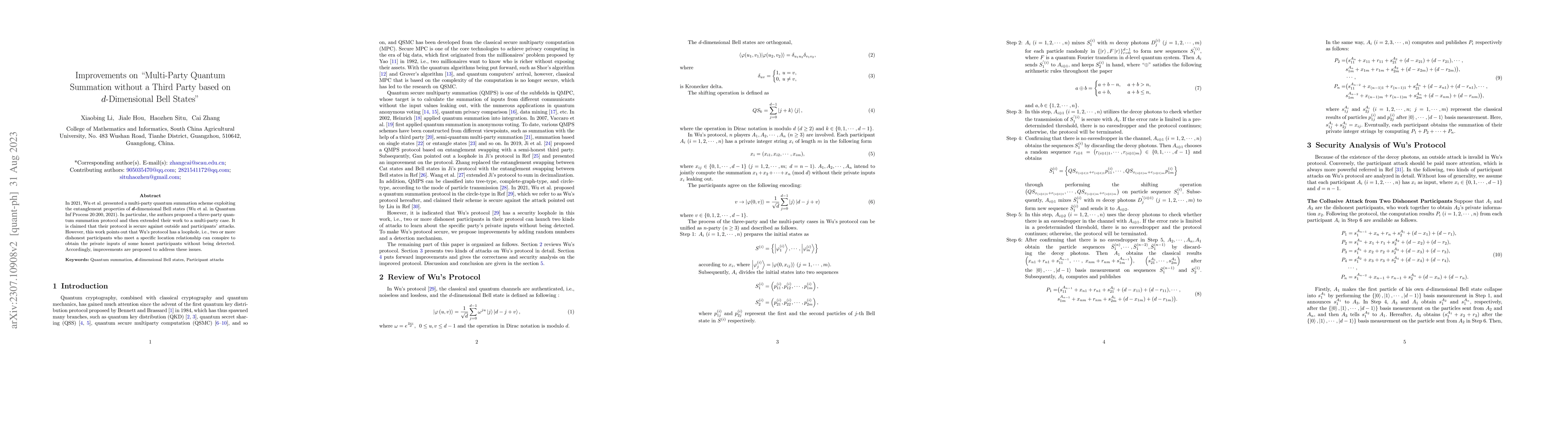Thumbnail for Improvements on "Multi-Party Quantum Summation without a Third Party
  based on $d$-Dimensional Bell States"