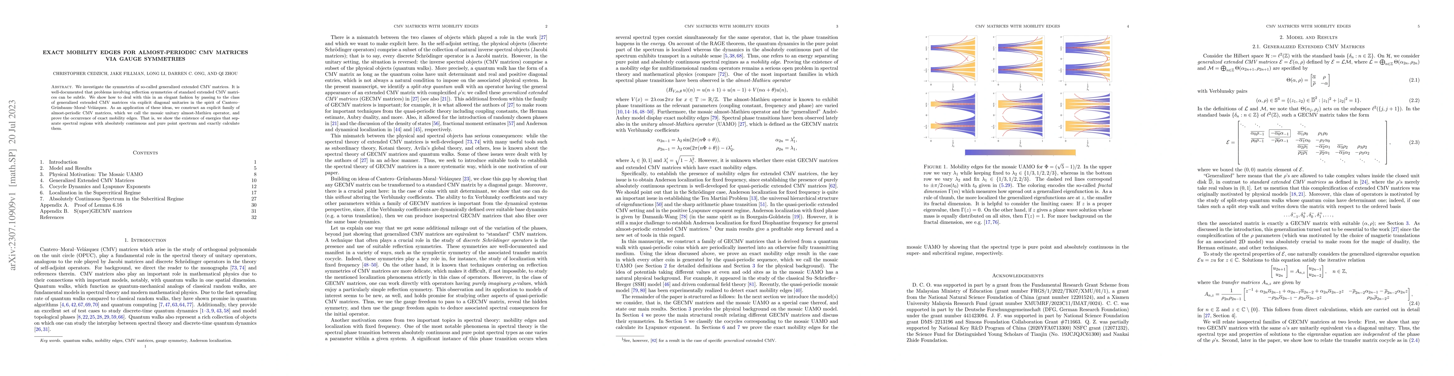Thumbnail for Exact mobility edges for almost-periodic CMV matrices via gauge
  symmetries