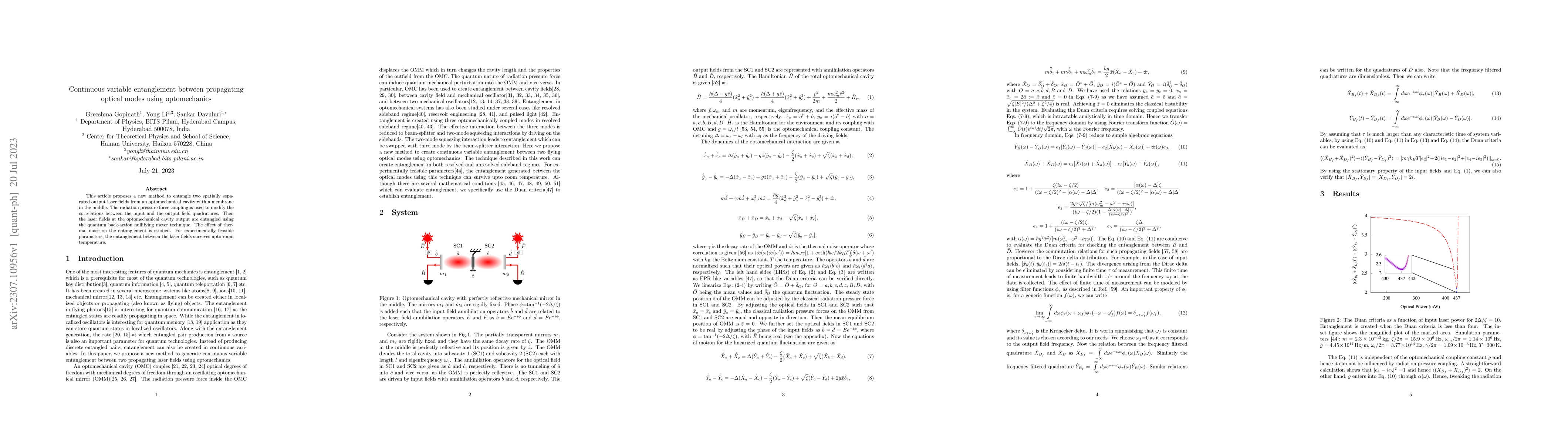 Thumbnail for Continuous variable entanglement between propagating optical modes using
  optomechanics