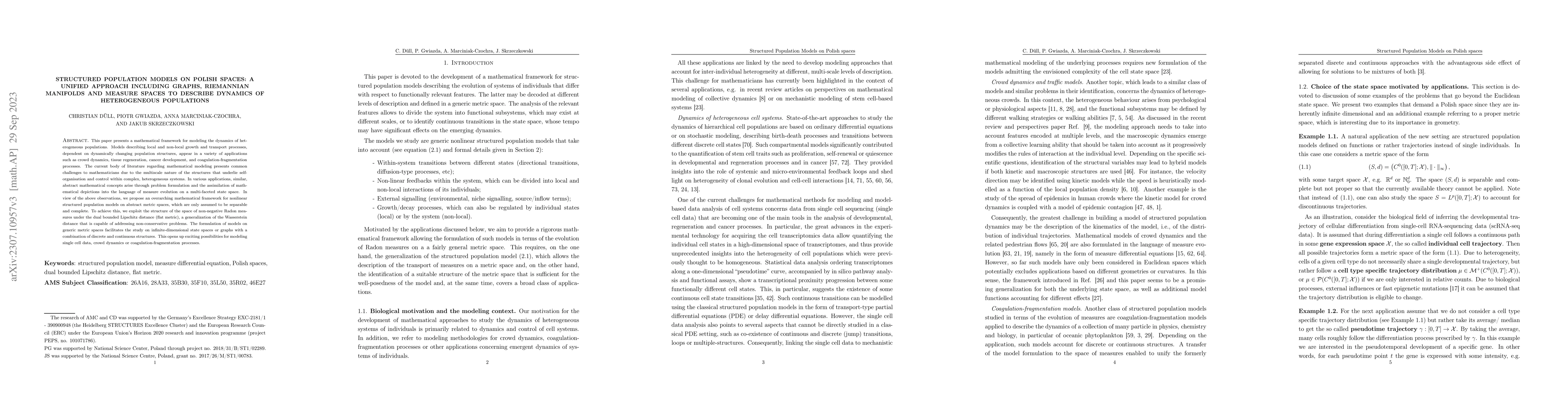 Thumbnail for Structured Population Models on Polish spaces: A unified Approach
  including Graphs, Riemannian Manifolds and Measure Spaces to describe
  Dynamics of Heterogeneous Populations