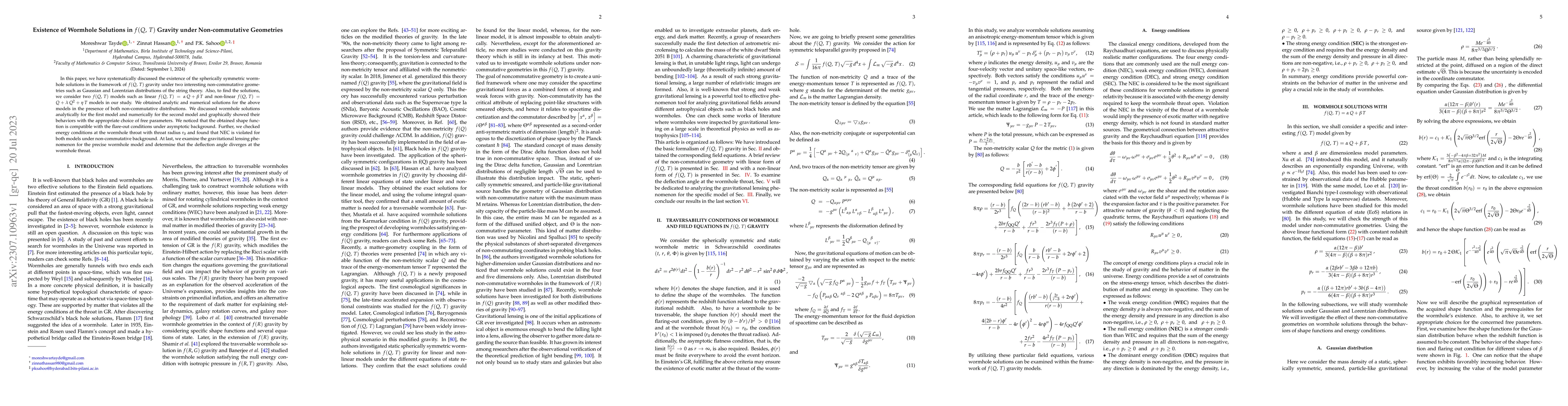 Thumbnail for Existence of Wormhole Solutions in $f(Q,T)$ Gravity under
  Non-commutative Geometries