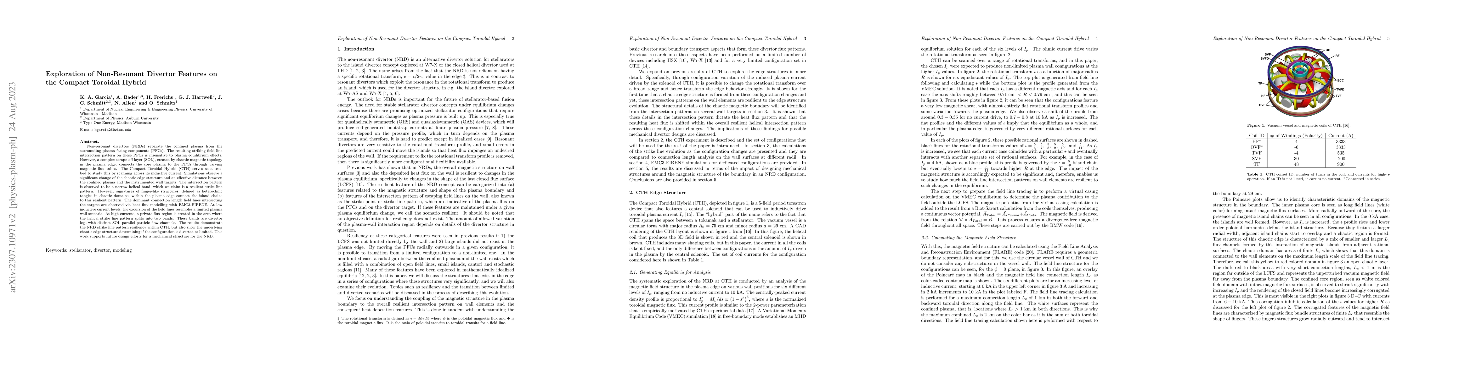 Thumbnail for Exploration of Non-Resonant Divertor Features on the Compact Toroidal
  Hybrid