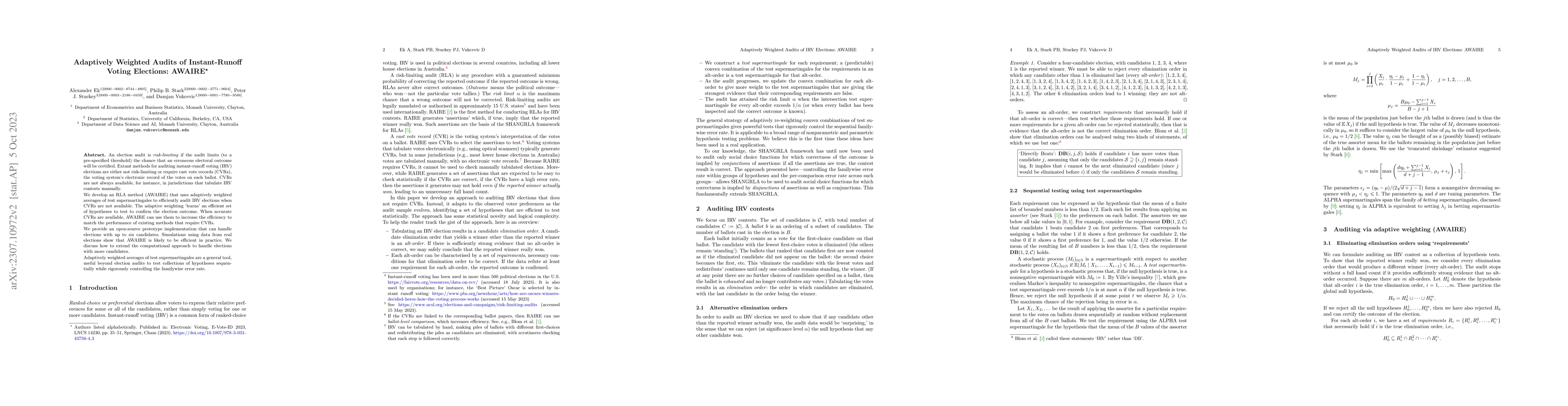 Thumbnail for Adaptively Weighted Audits of Instant-Runoff Voting Elections: AWAIRE