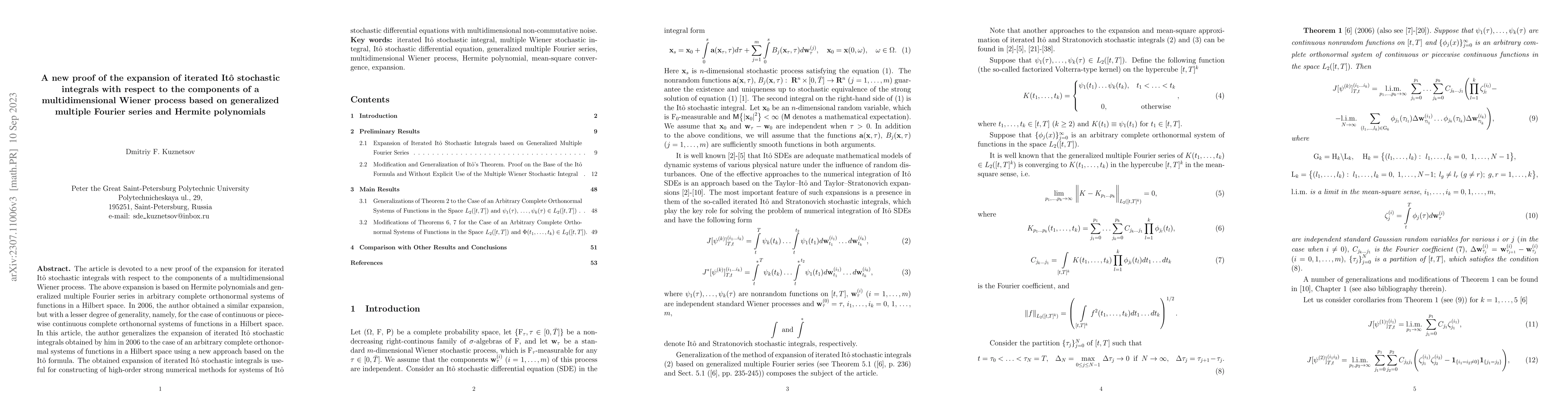 Thumbnail for A new proof of the expansion of iterated Ito stochastic integrals with
  respect to the components of a multidimensional Wiener process based on
  generalized multiple Fourier series and Hermite polynomials