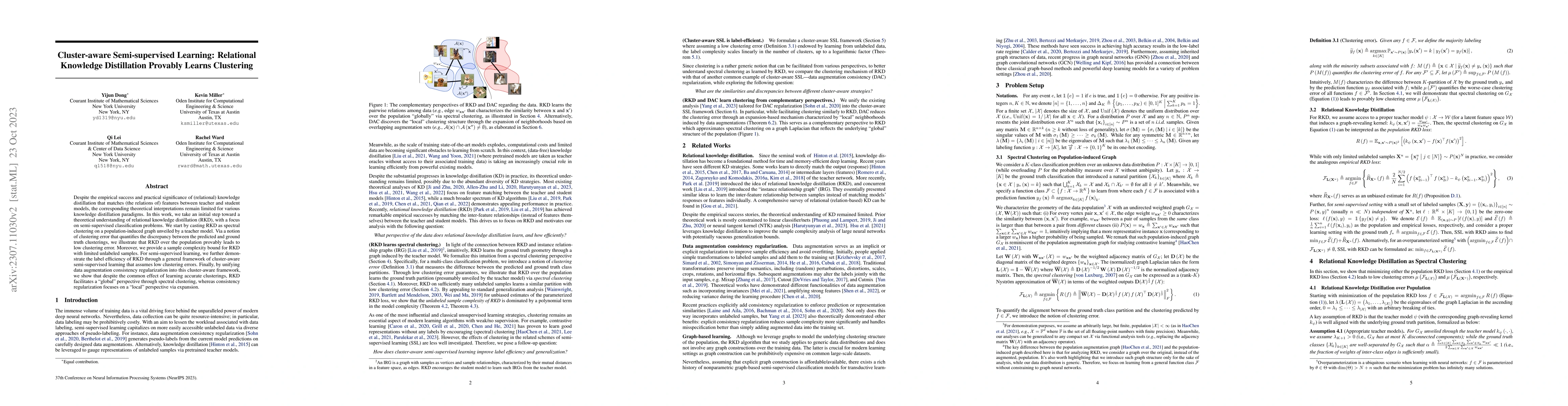 Thumbnail for Cluster-aware Semi-supervised Learning: Relational Knowledge
  Distillation Provably Learns Clustering