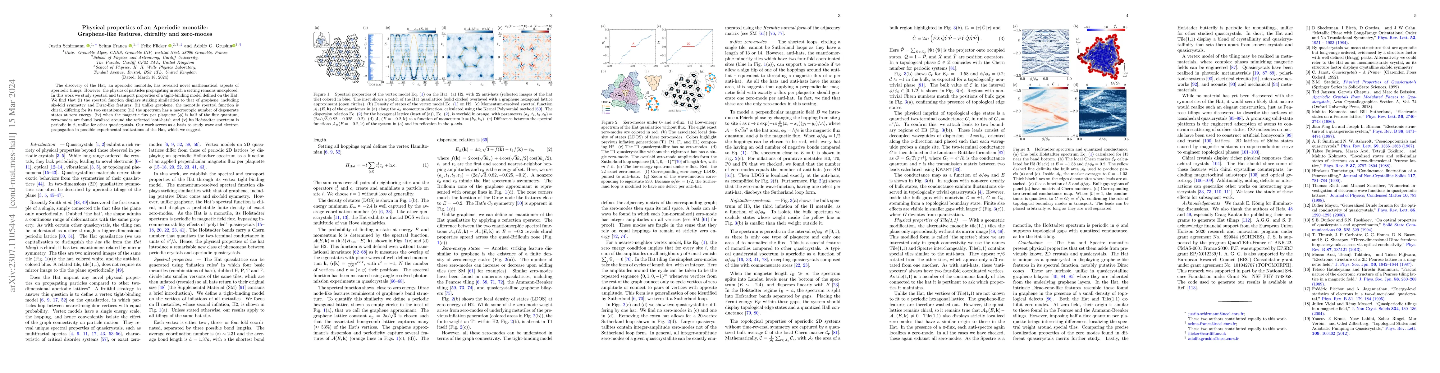 Thumbnail for Physical properties of an Aperiodic monotile: Graphene-like features,
  chirality and zero-modes