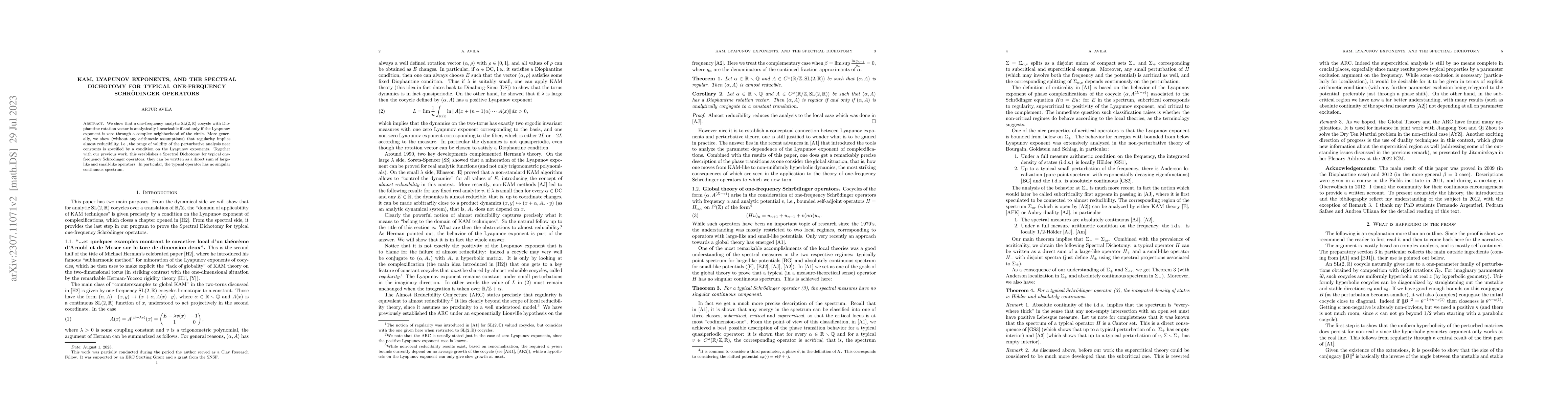 Thumbnail for KAM, Lyapunov exponents, and the Spectral Dichotomy for typical
  one-frequency Schrodinger operators