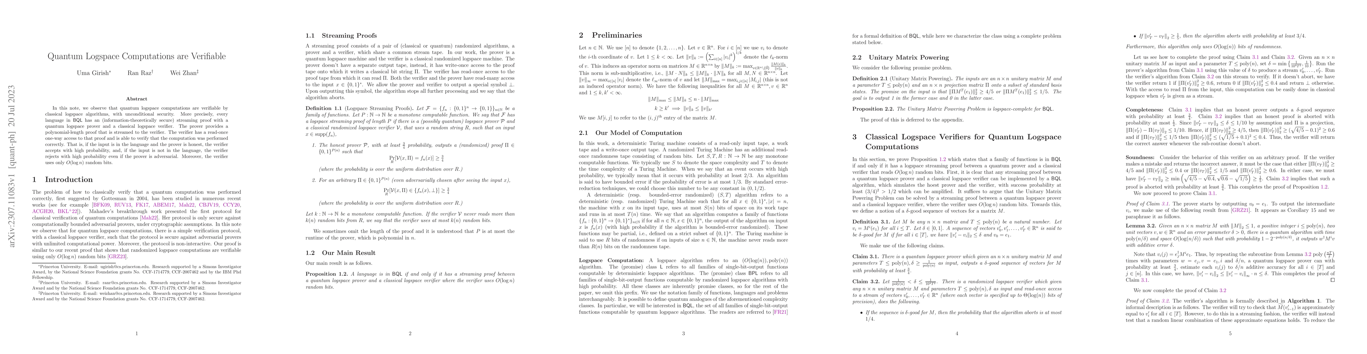 Thumbnail for Quantum Logspace Computations are Verifiable