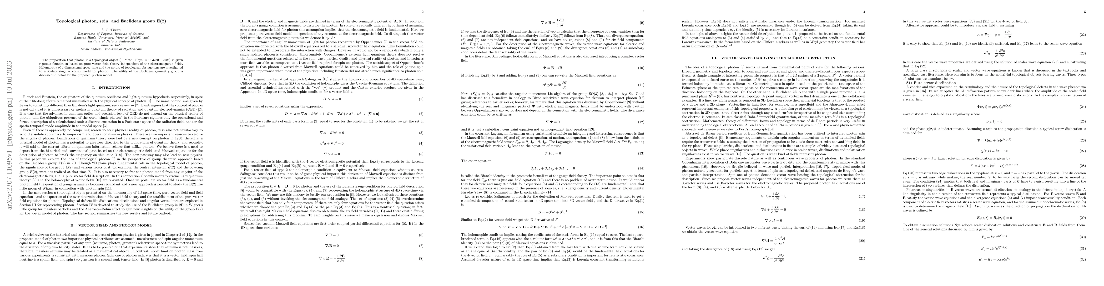 Thumbnail for Topological photon, spin, and Euclidean group E(2)