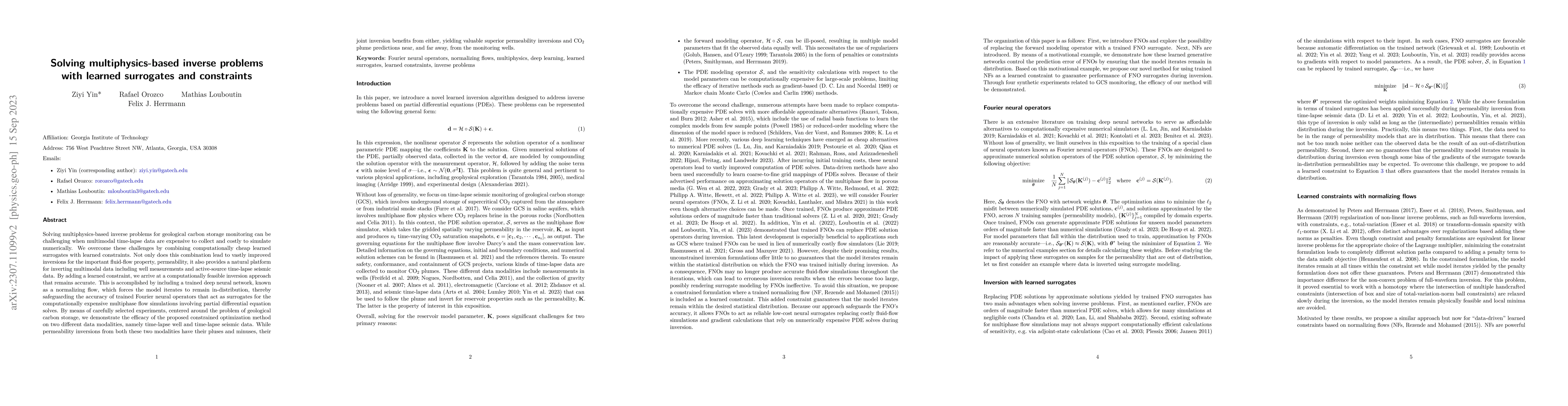 Thumbnail for Solving multiphysics-based inverse problems with learned surrogates and
  constraints