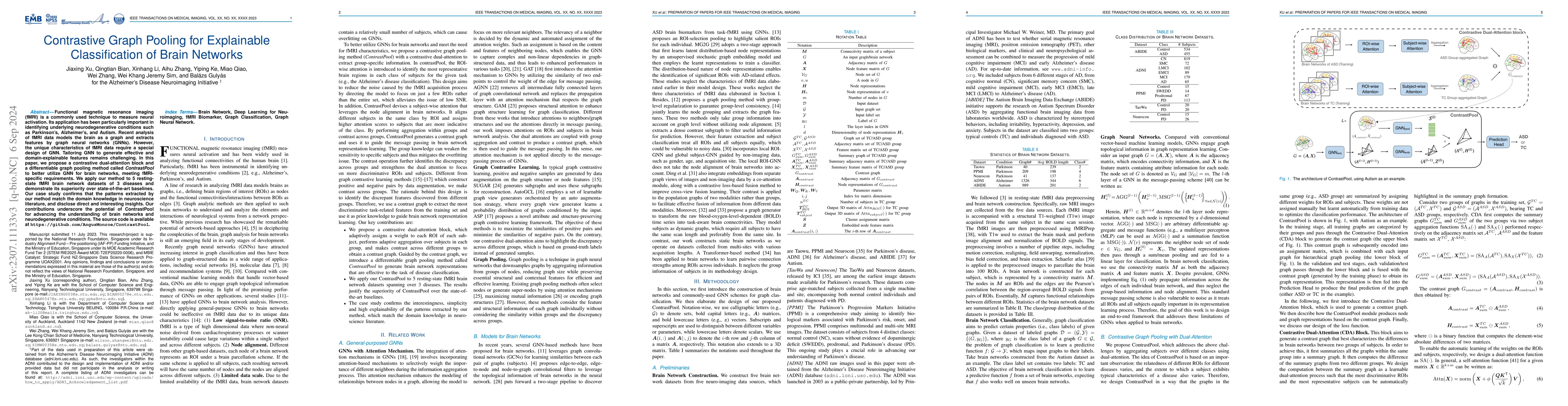 Thumbnail for Contrastive Graph Pooling for Explainable Classification of Brain
  Networks